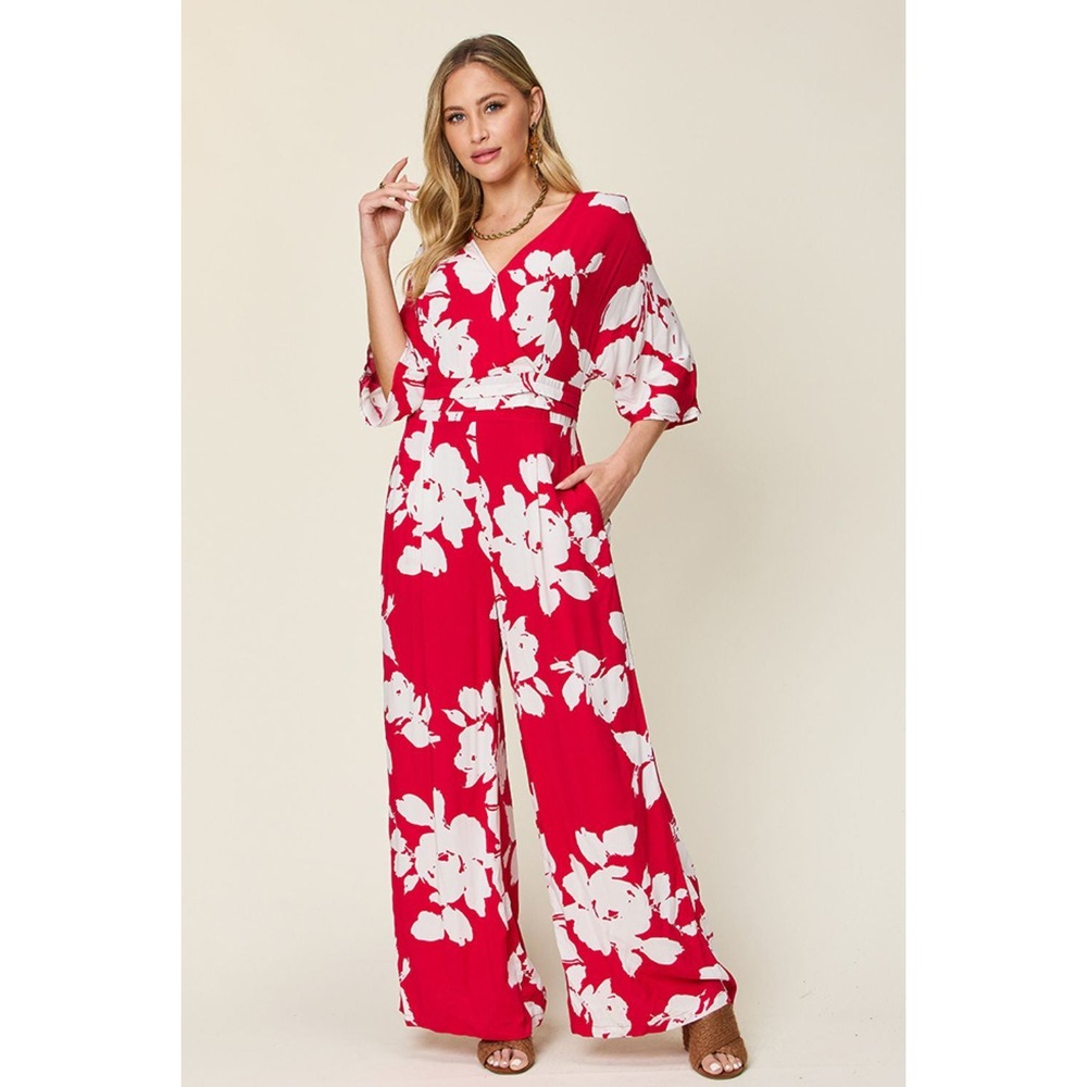 Floral Jumpsuit‎ Women Red New Wide Leg Surplice Wrap Pocket